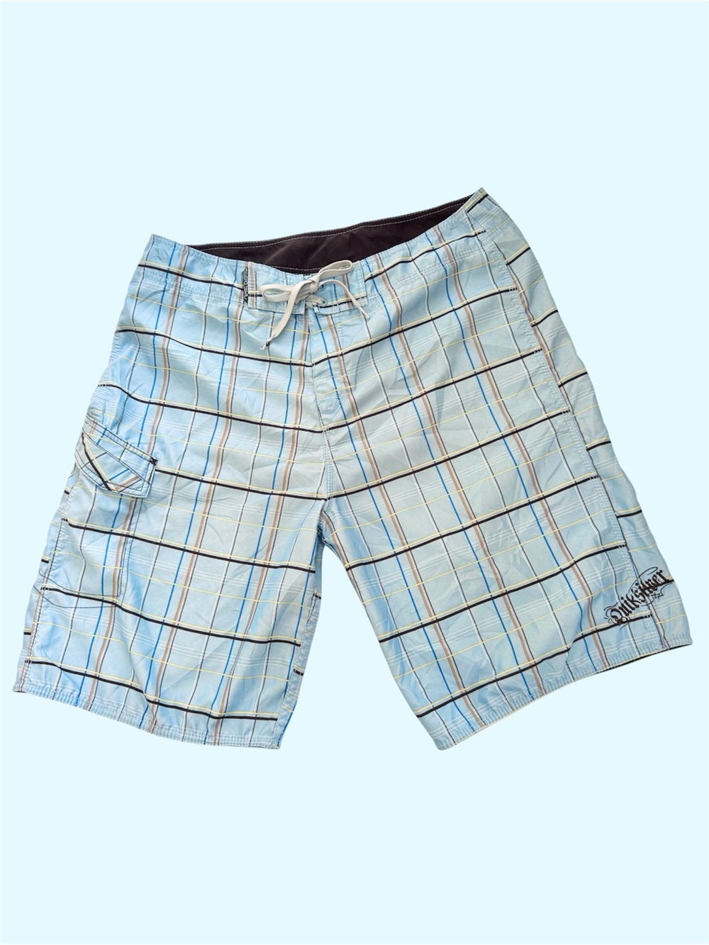 Y2K Quiksilver AOP Plaid Board Shorts Surf Swim Blue Tribal Embroidery Size 34